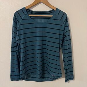 Patagonia Long-Sleeved Capilene Cool Trail Shirt Blue Stripe Base Layer-Medium